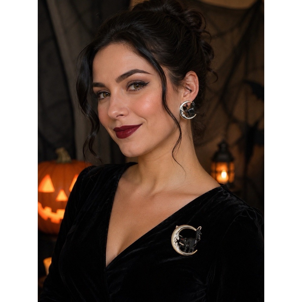 Vtg Signed BEST Black Cat Crescent Moon Brooch Pin & Earring Set Halloween 1980s
